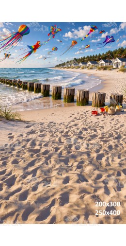 Tło fotograficzne „Plaża z kolorowymi latawcami i nadmorskimi domkami” | 4041